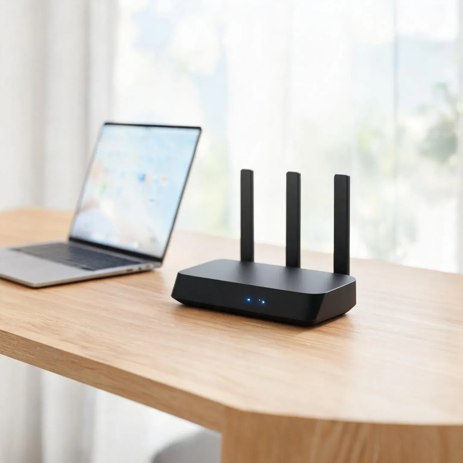 Wireless router with three antennas on wooden desk near laptop.