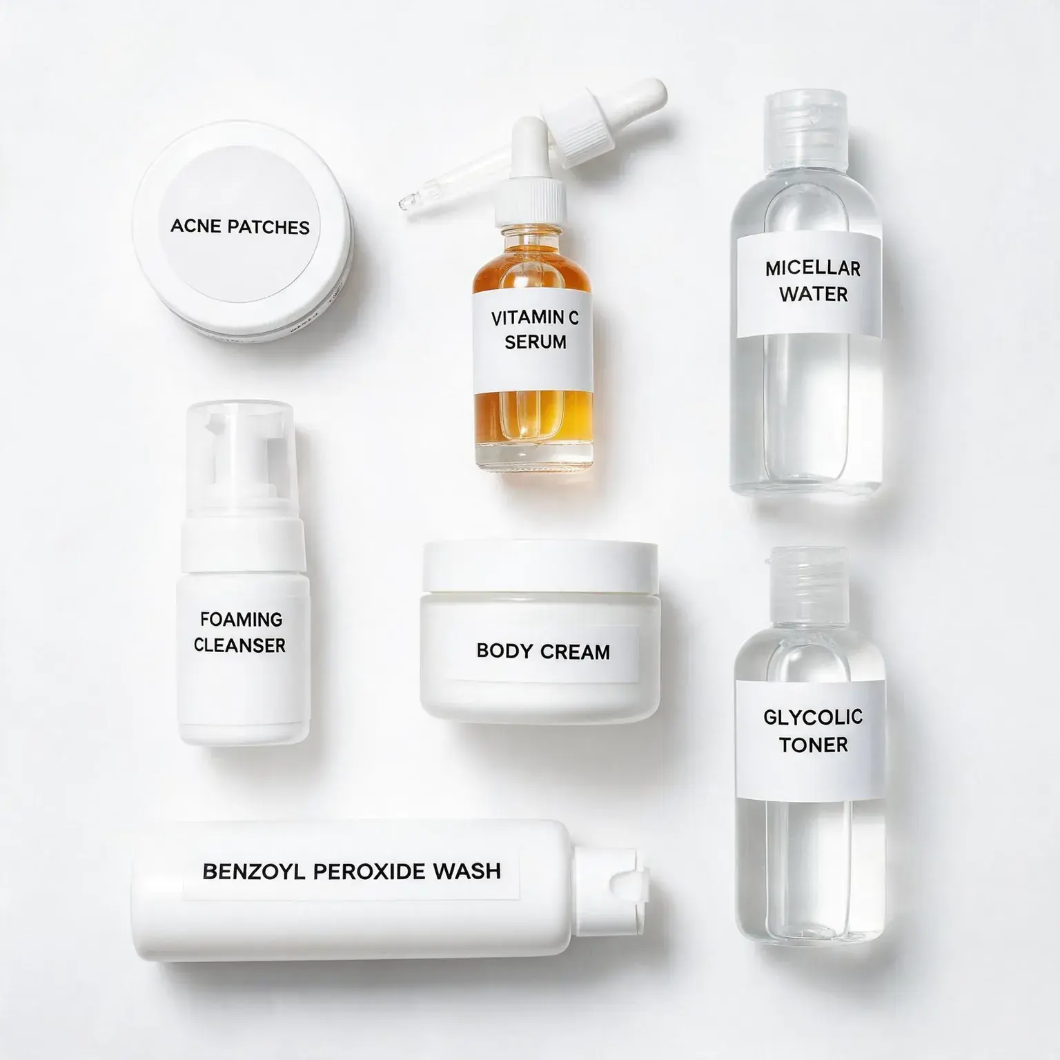 Best dermatologist-approved skincare products flat lay: acne patches, vitamin C serum, micellar water, foaming cleanser, body cream, glycolic toner and benzoyl peroxide wash