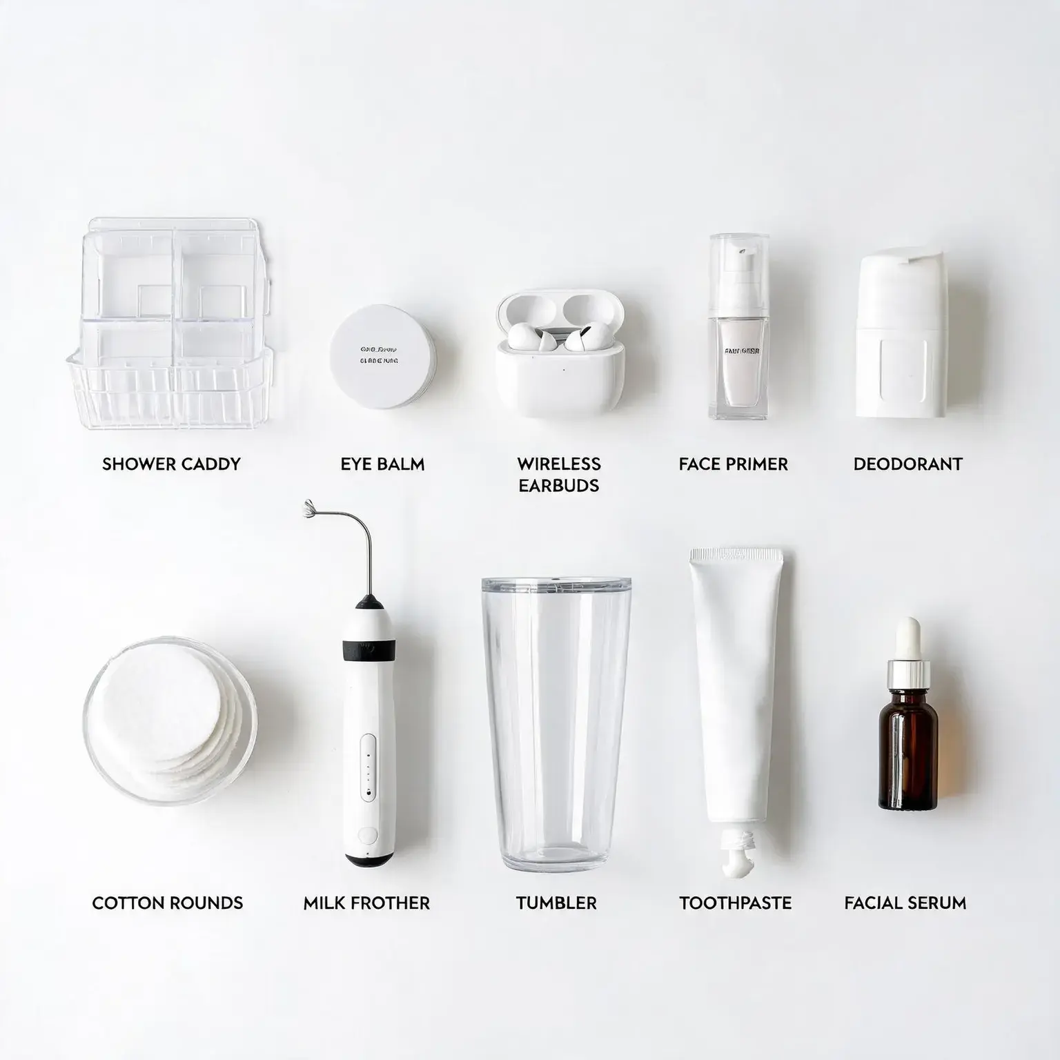 Daily essentials on Amazon reorder flat lay: shower caddy, eye balm, wireless earbuds, face primer, deodorant, cotton rounds, milk frother, tumbler, toothpaste, facial serum