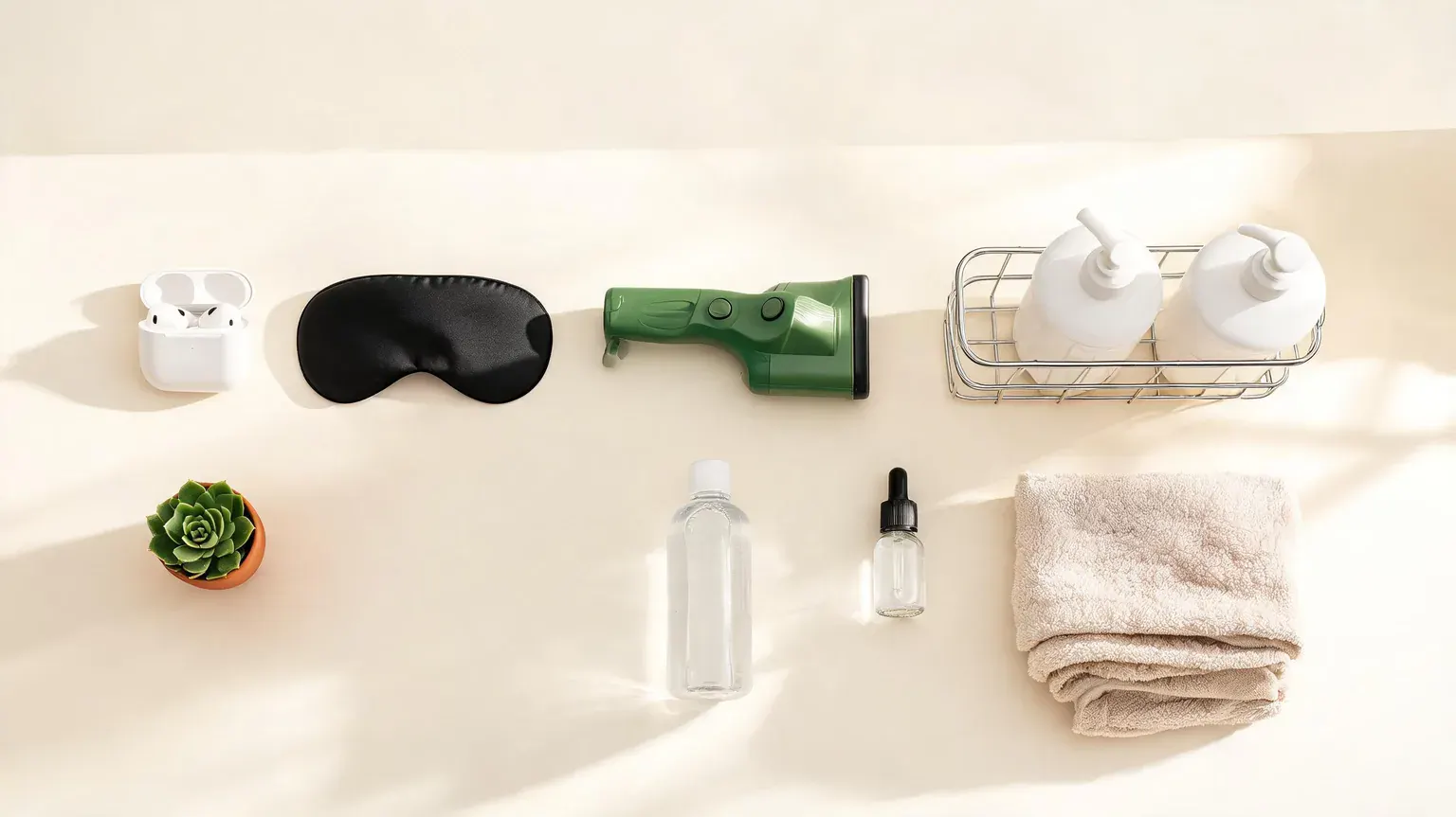 Flat-lay of Amazon bestsellers in 2026: wireless earbuds, sleep mask, shower caddy, skincare and cleaning products