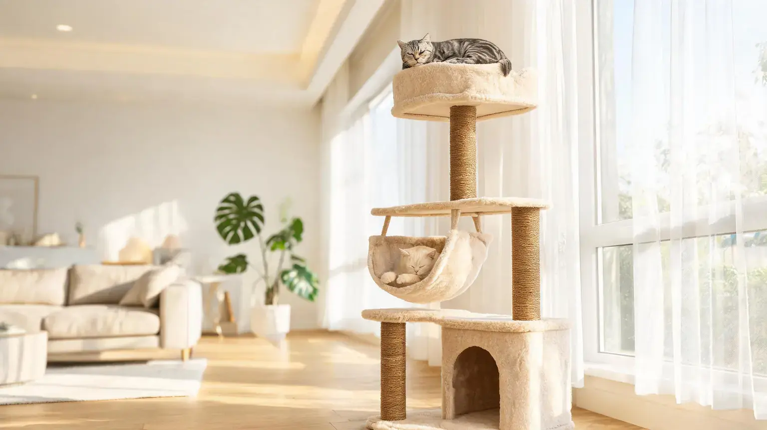 Best cat trees 2026: tall multi-level cat tower with cats lounging by a sunny living room window