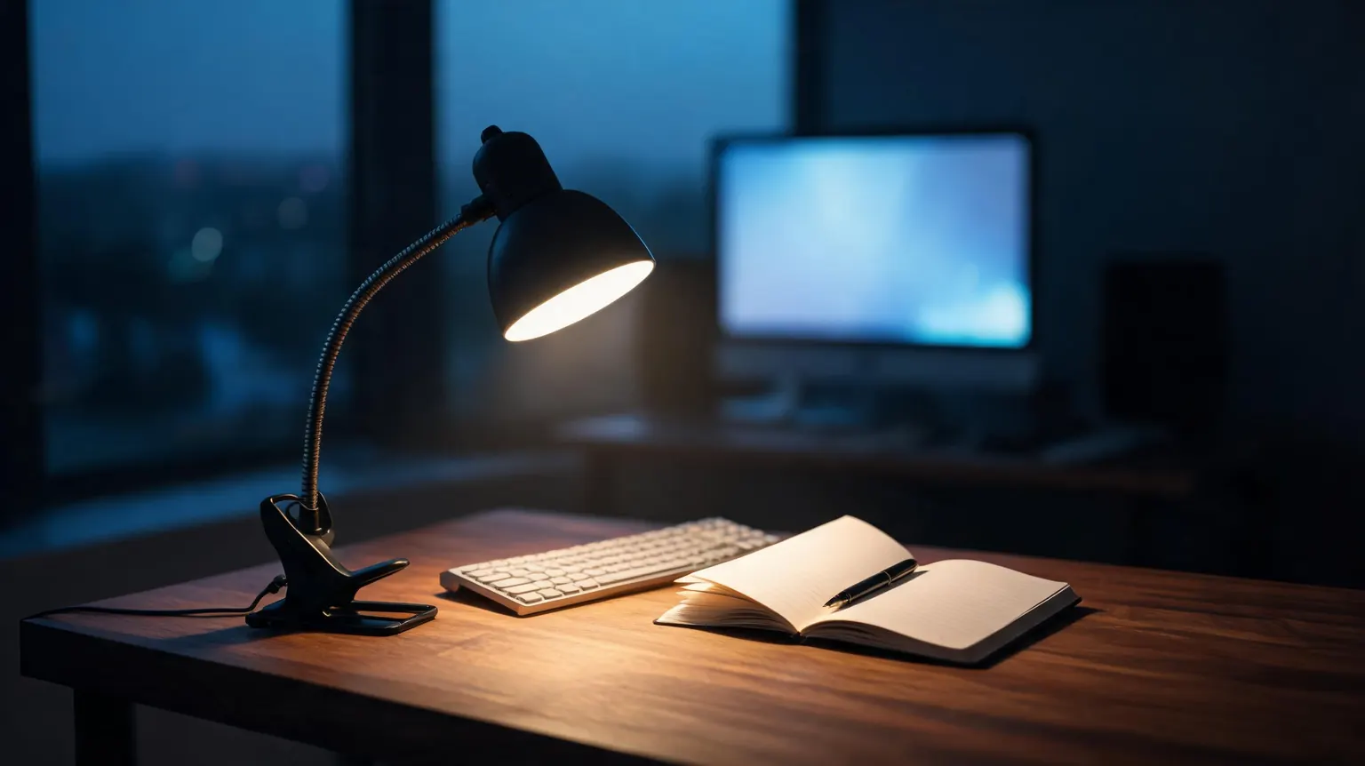 Best LED desk lamps of 2026: black clamp LED lamp casting warm light over a home office desk