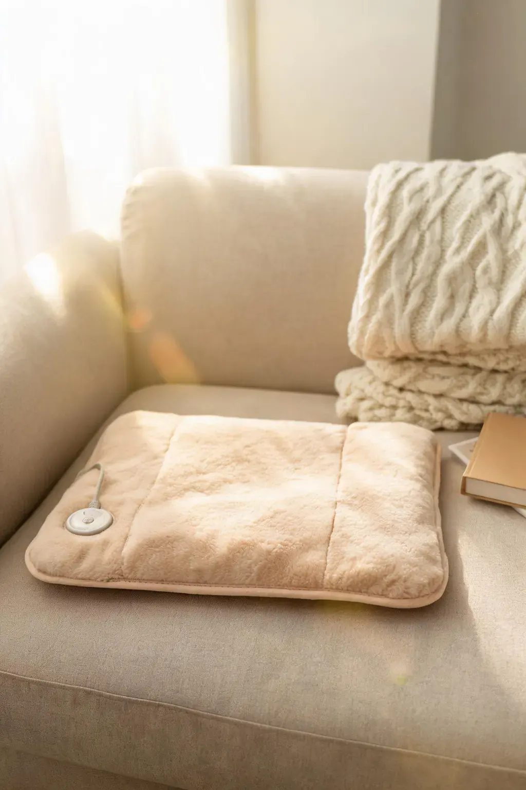 Best heating pad 2026 resting on a cozy sofa with a knit blanket