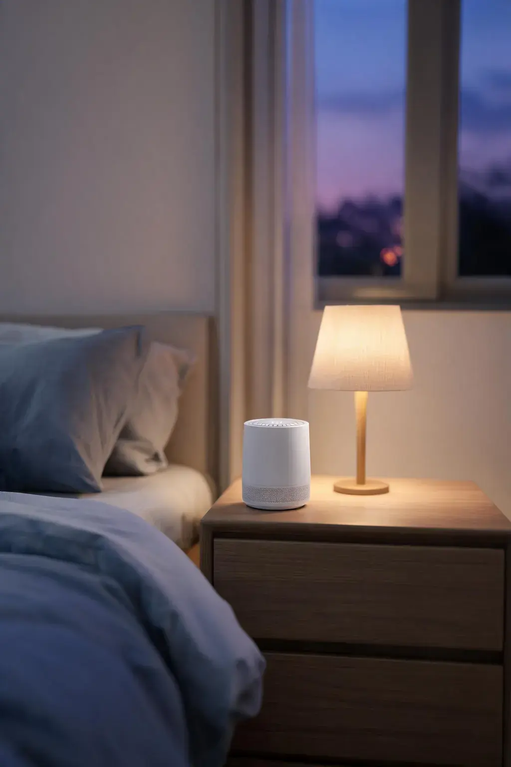 Best white noise machine of 2026 glowing on a wooden nightstand beside a bed at dusk