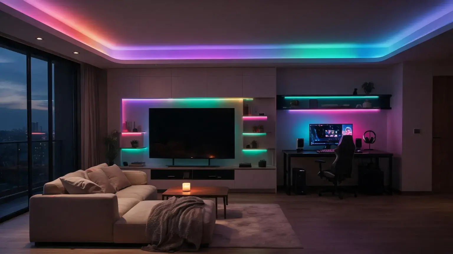 Contemporary living room with colorful RGB LED strip lighting and a large flat-screen TV.