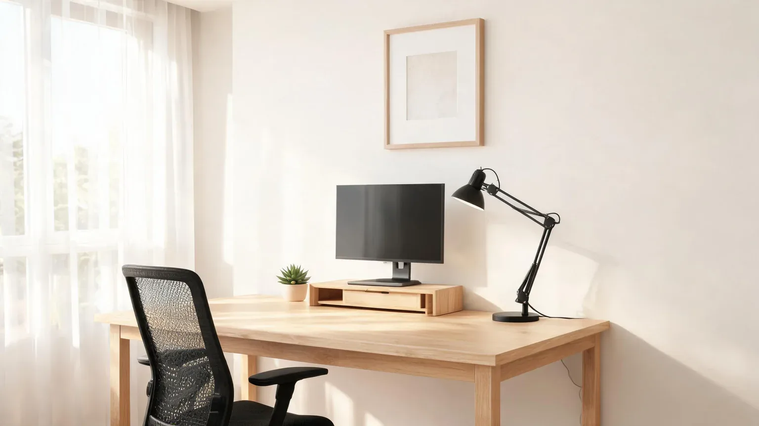 home office makeover with a monitor riser, desk lamp, ergonomic chair and small plant on a tidy desk