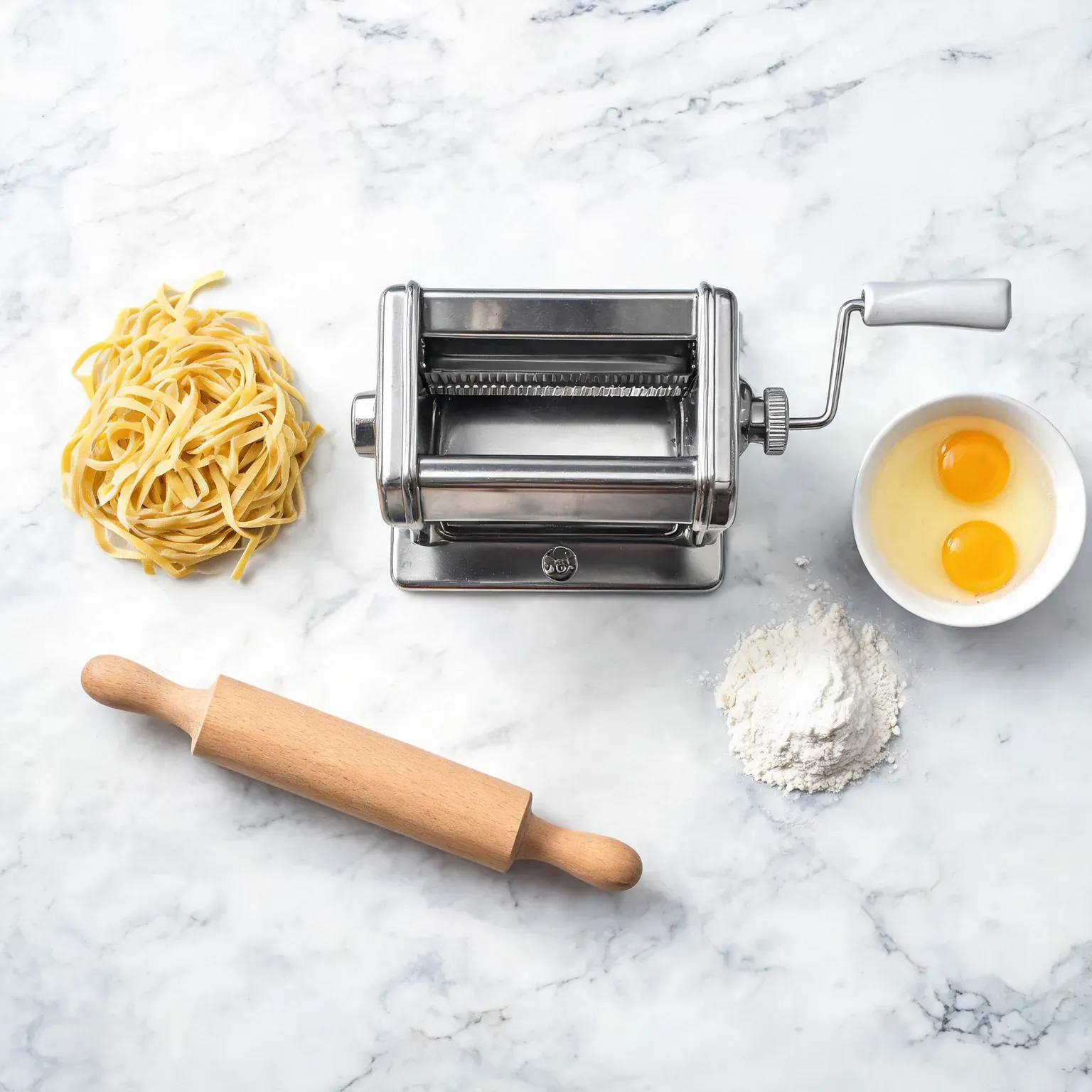 Manual pasta maker with freshly cut fettuccine, flour and eggs on a marble counter