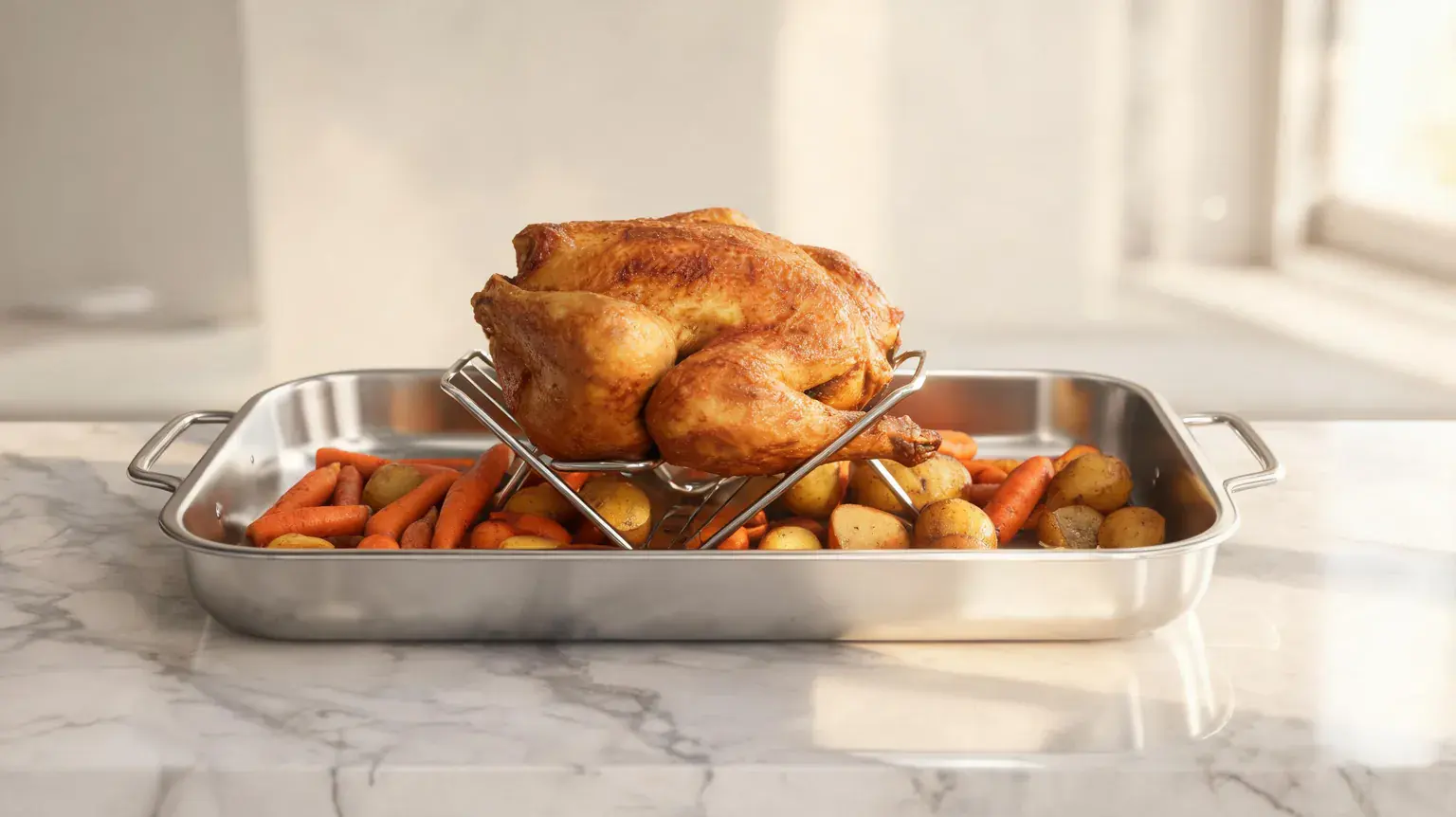 Golden roasted chicken with carrots and potatoes in a baking tray.