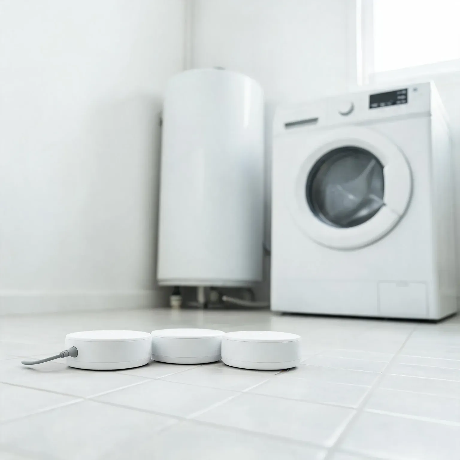 best smart water leak detectors — smart leak sensors placed beside a water heater and washing machine