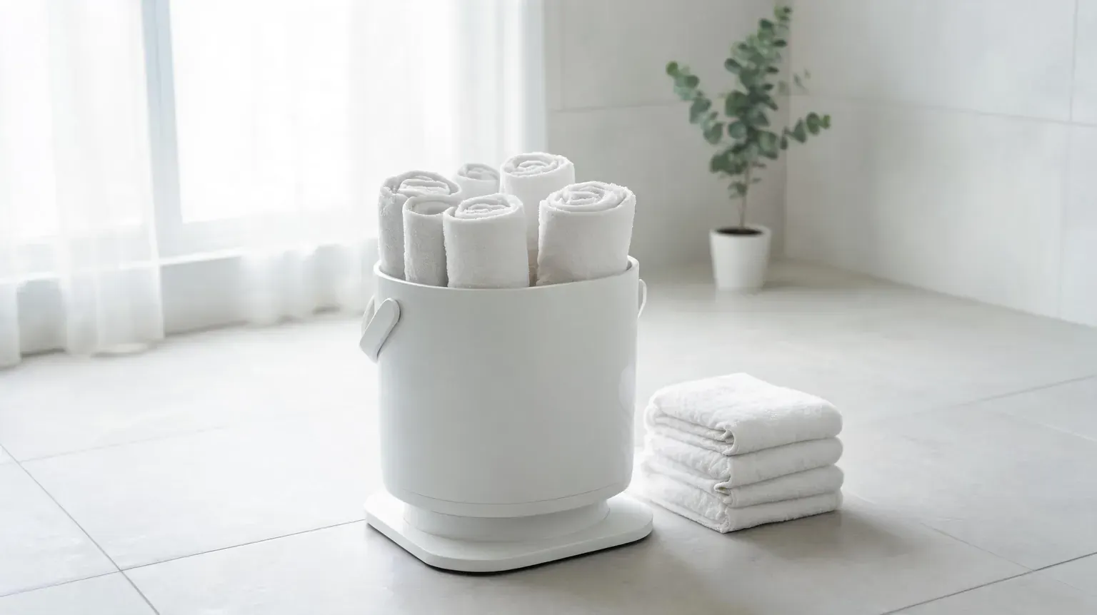 A white freestanding bucket towel warmer holding two rolled white bath towels in a bright modern bathroom