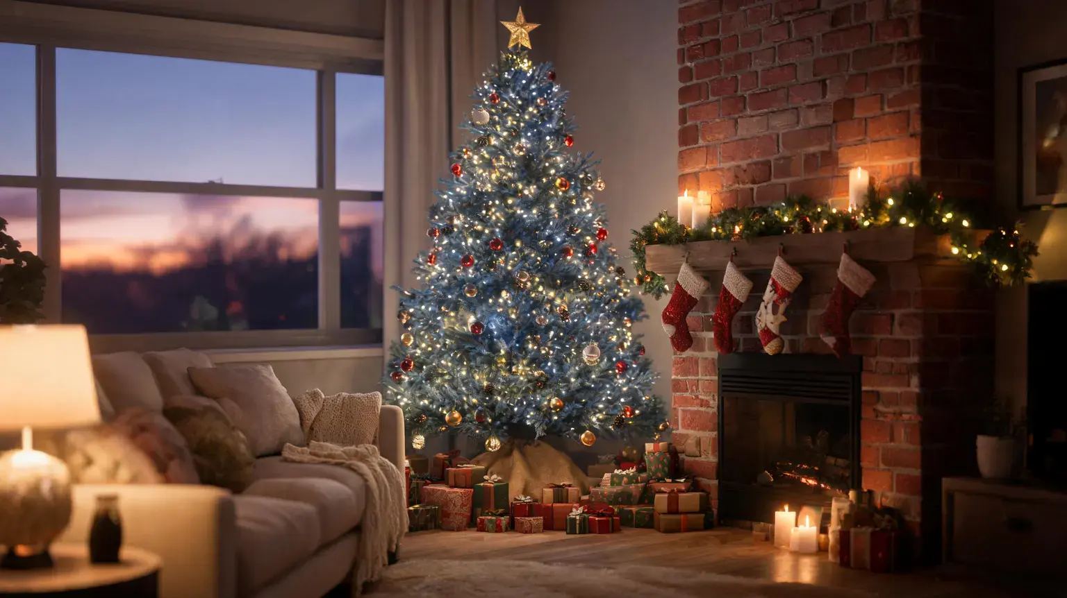Best artificial Christmas trees: a pre-lit blue spruce artificial tree with warm white lights in a decorated living room
