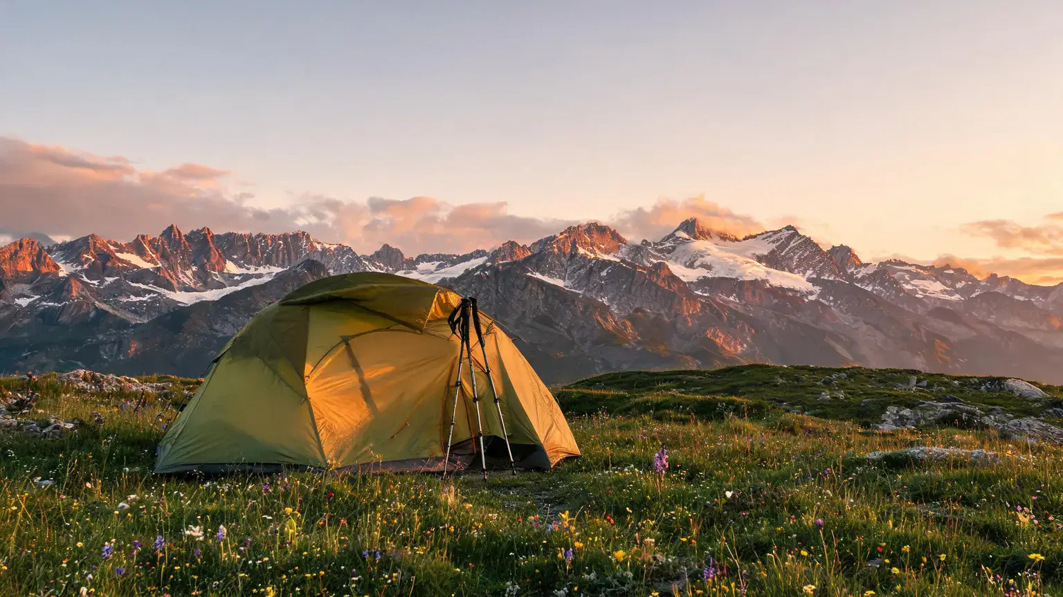 Best backpacking tents 2026: olive ultralight tent pitched on an alpine meadow at golden hour