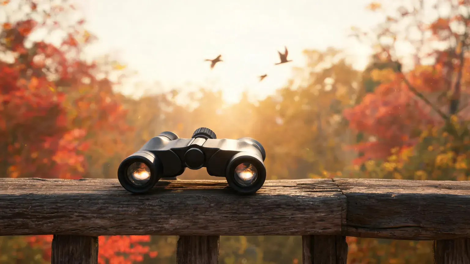 Best binoculars 2026 - black roof-prism binoculars on a wooden fence at golden hour
