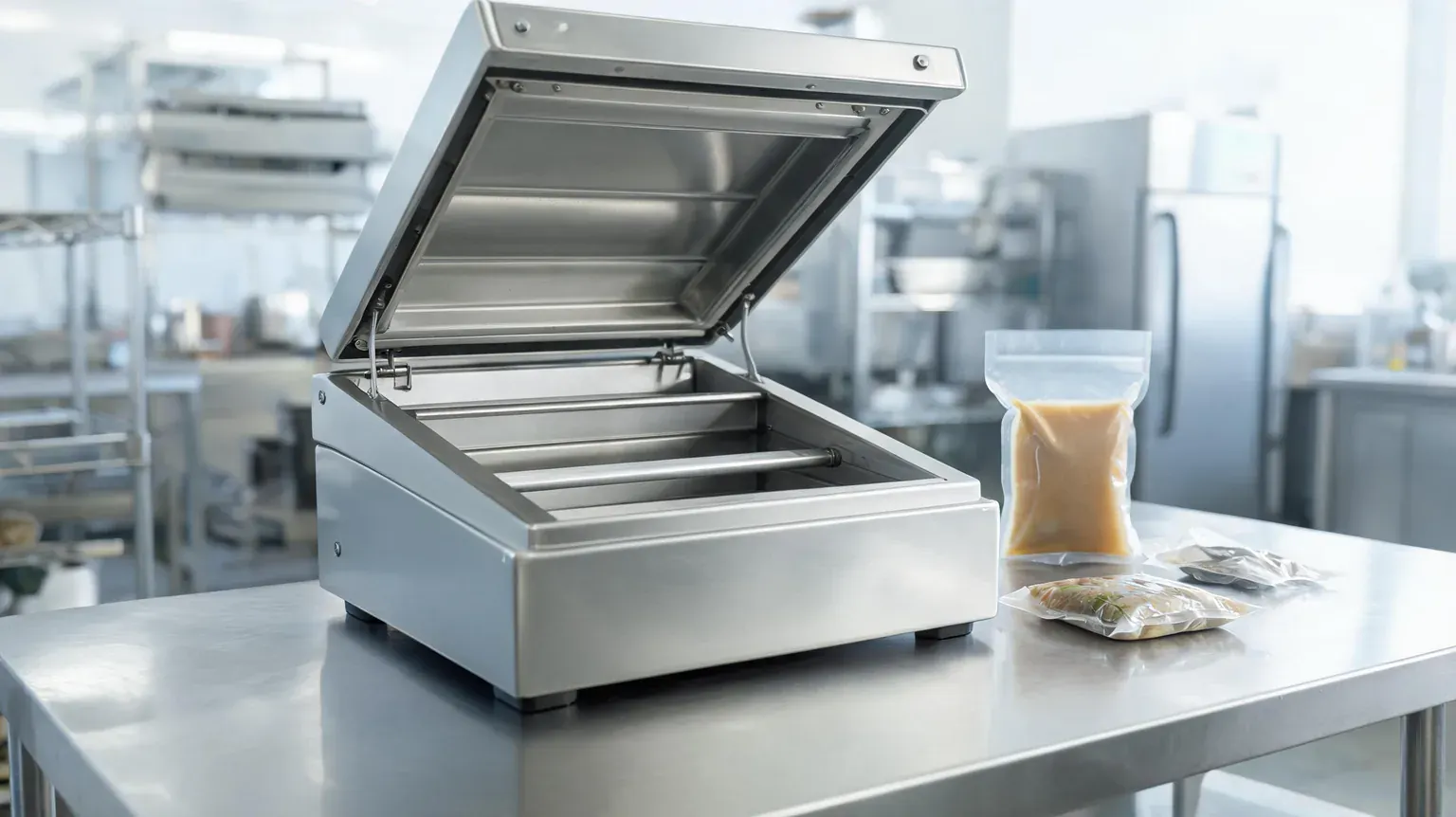 Stainless steel commercial vacuum sealer on a kitchen counter.