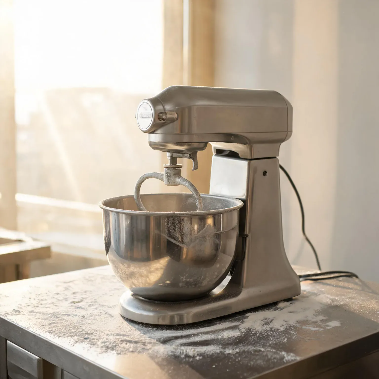 Kitchen stand mixer with stainless steel bowl on a countertop.
