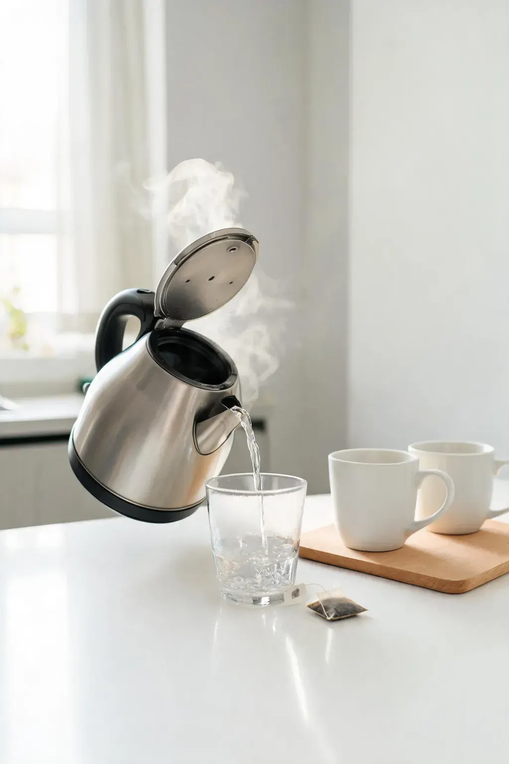 Best electric kettles of 2026 - a stainless steel kettle pouring hot water into a glass cup on a bright kitchen counter