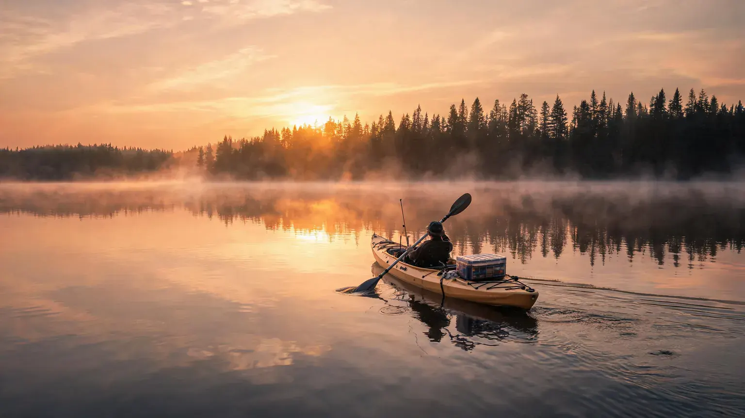 Sit-on-top fishing kayak with rod holders gliding across a calm lake at sunrise - best fishing kayaks 2026