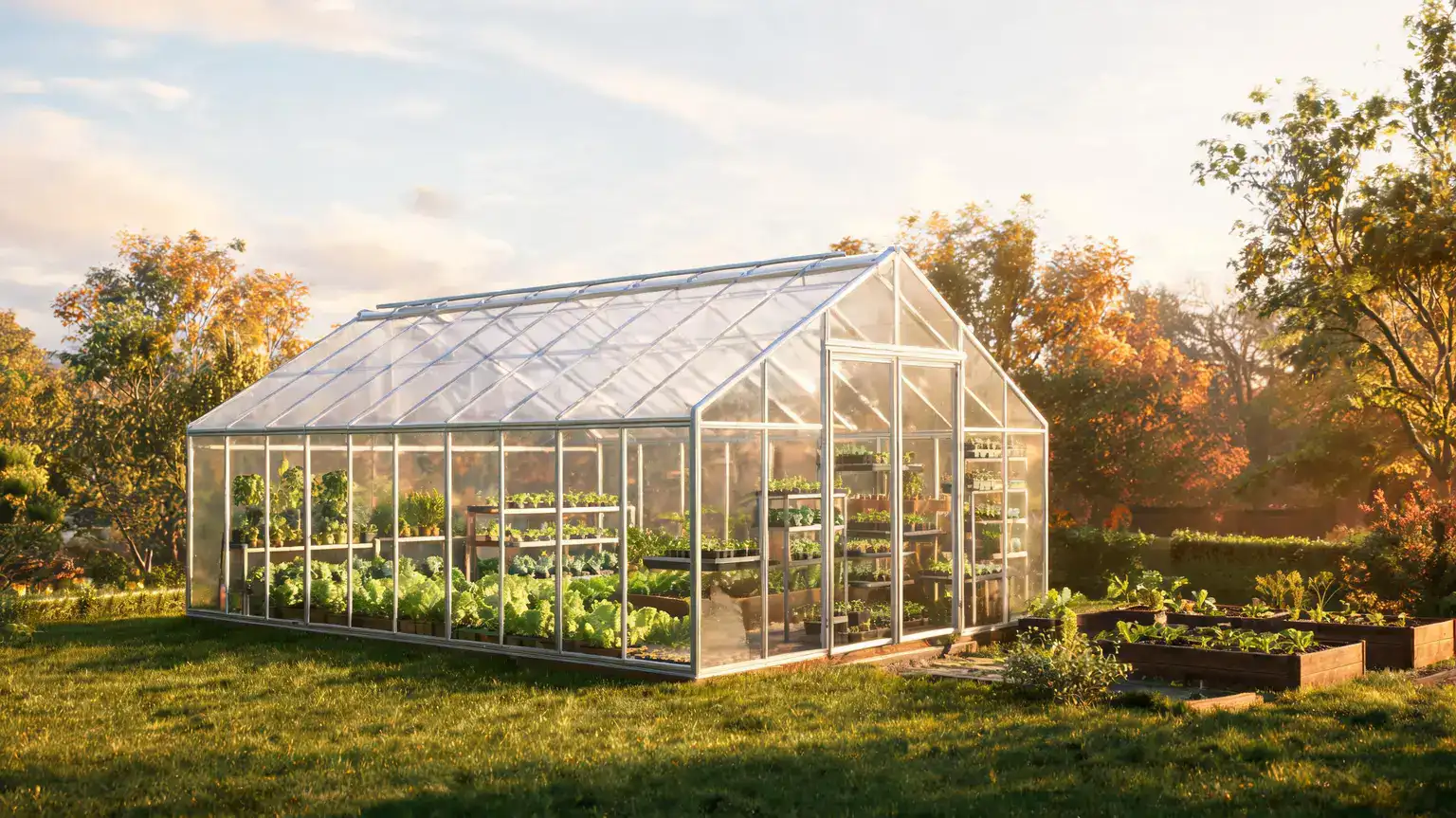 Best greenhouses 2026: walk-in polycarbonate backyard greenhouse on a lawn in golden-hour light
