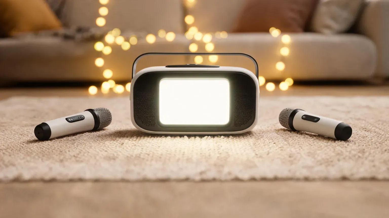 Portable LED light with microphones for content creation and streaming.