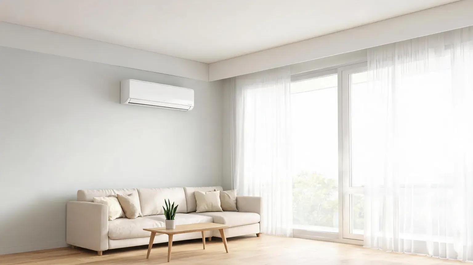 White ductless mini split heat pump air handler mounted on a living room wall - best mini split heat pumps 2026
