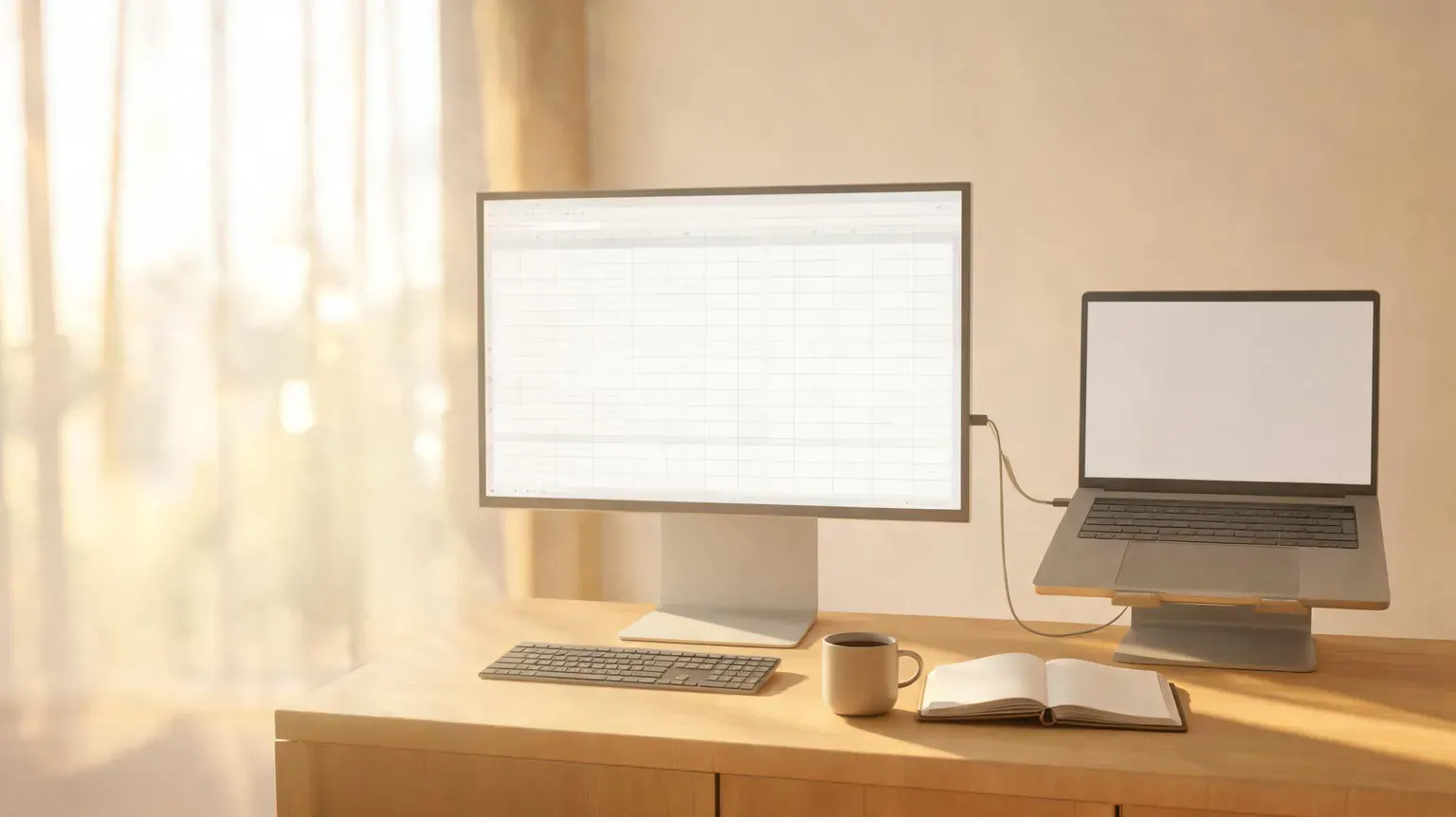 Dual monitor workspace with keyboard, mug, and open notebook on wooden desk.