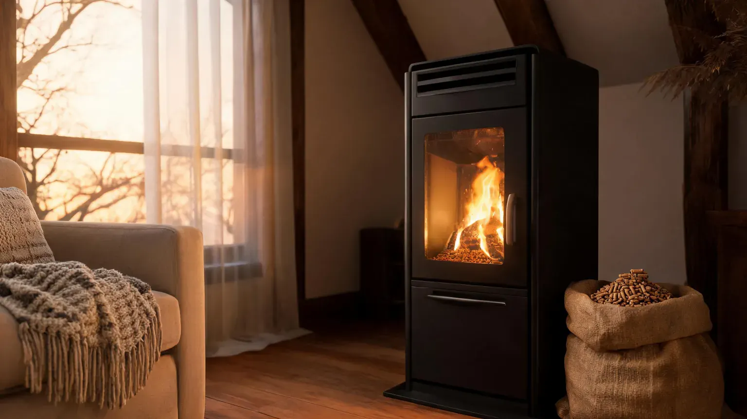 Best pellet stoves 2026 - a black pellet stove burning with visible flame in a cozy living room