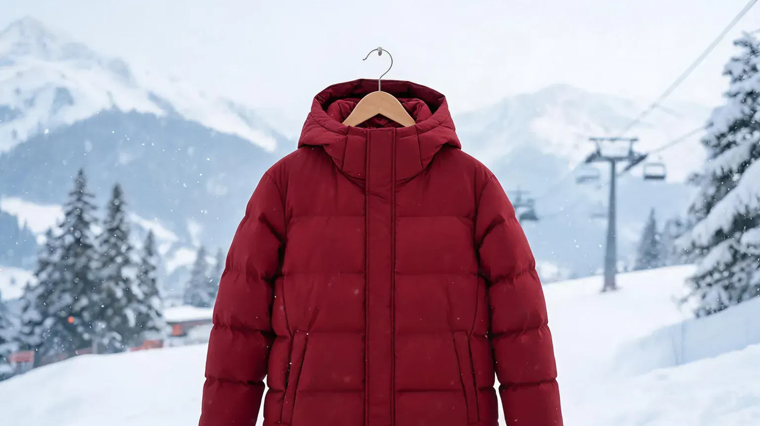 Deep red insulated ski jacket on a hanger against a snowy alpine resort - best ski jackets 2026