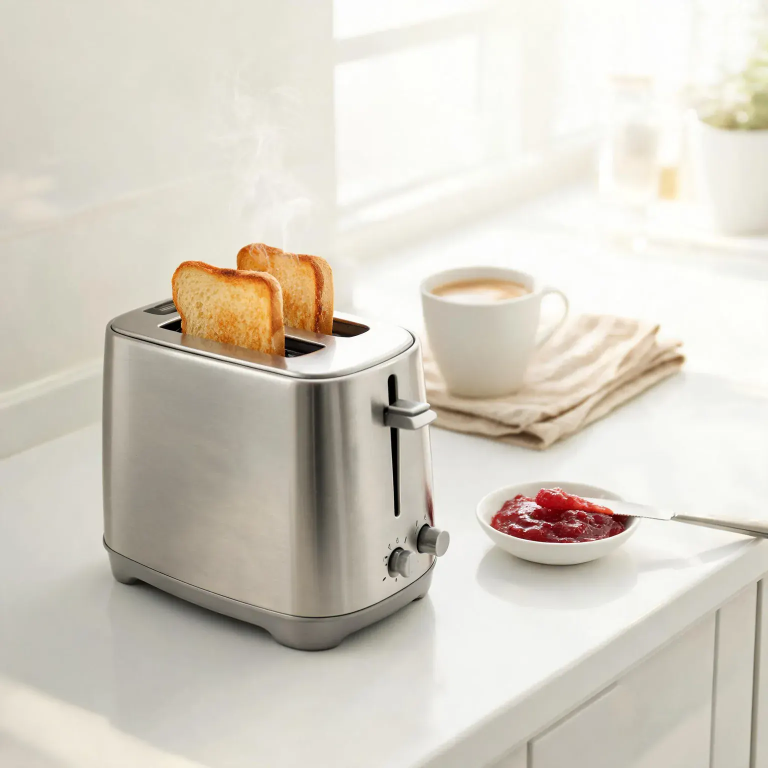 Best toasters of 2026 - a brushed stainless steel 2-slice toaster with two golden slices of toast popping up on a bright kitchen counter beside raspberry jam and coffee