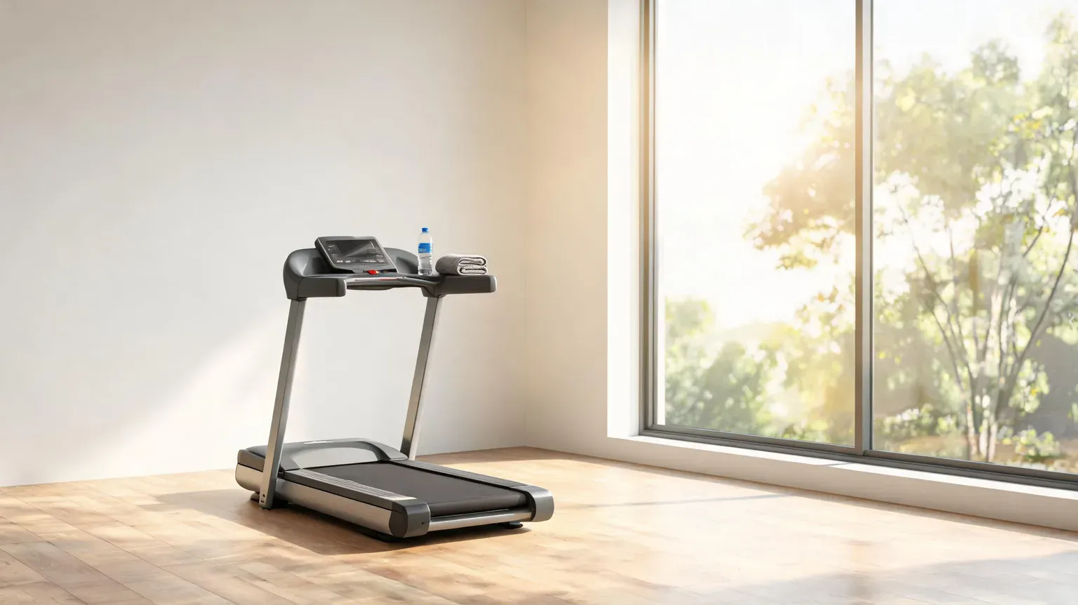 Treadmill near window with sunlight and trees outside.