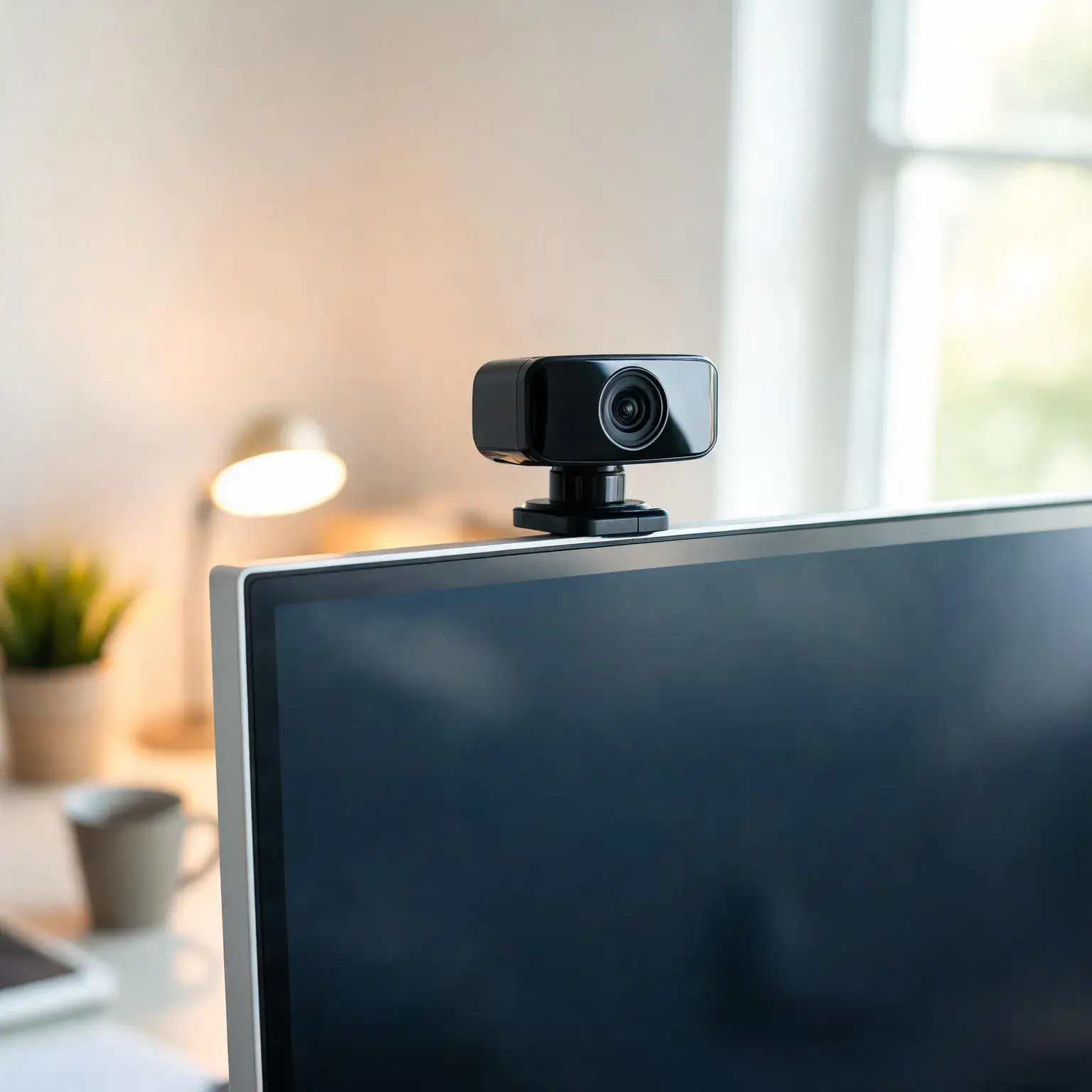 Best webcams of 2026 - a modern black webcam mounted on a computer monitor in a bright home office