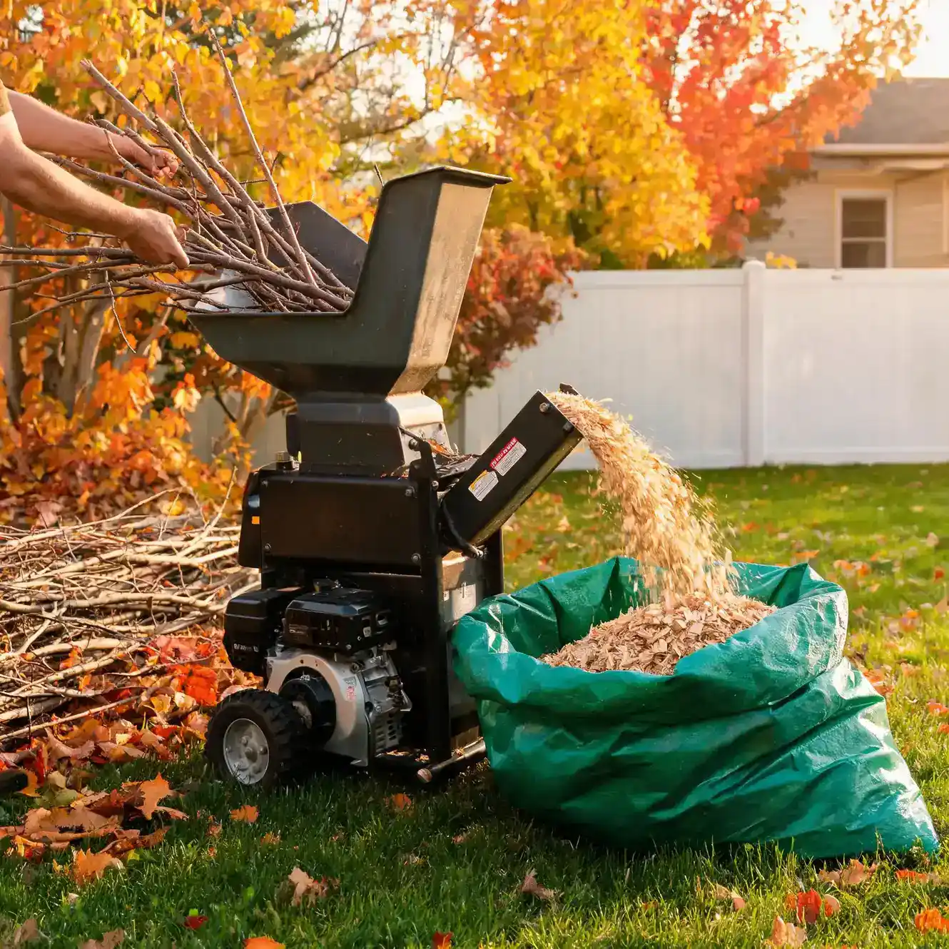 The best wood chippers of 2026: a gas-powered chipper shredder spraying wood chips into a collection bag in an autumn backyard