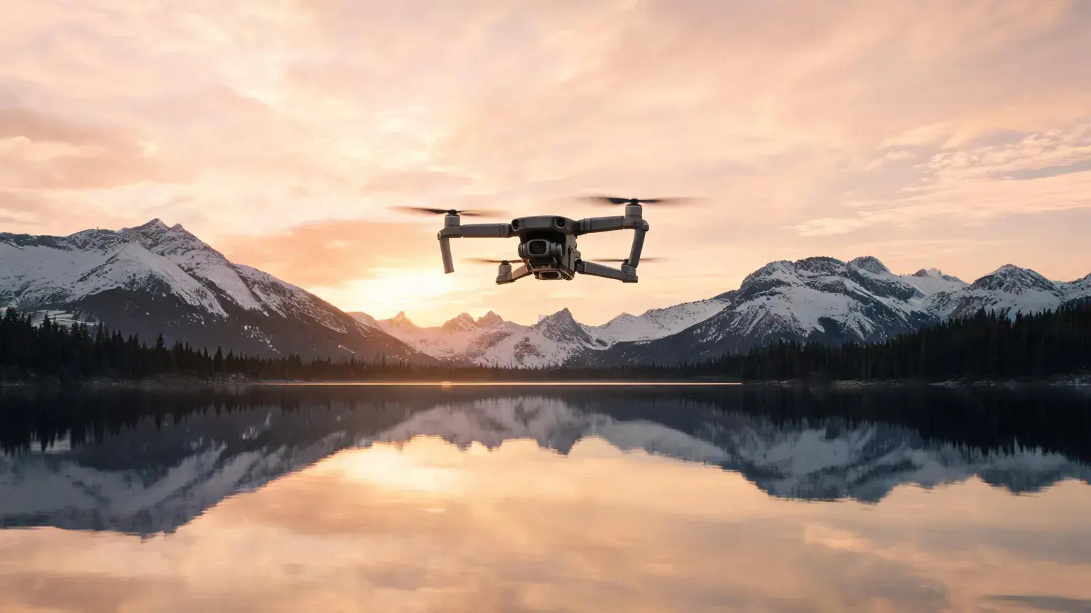 Best drones 2026 - compact folding camera drone hovering over a mountain lake at sunset
