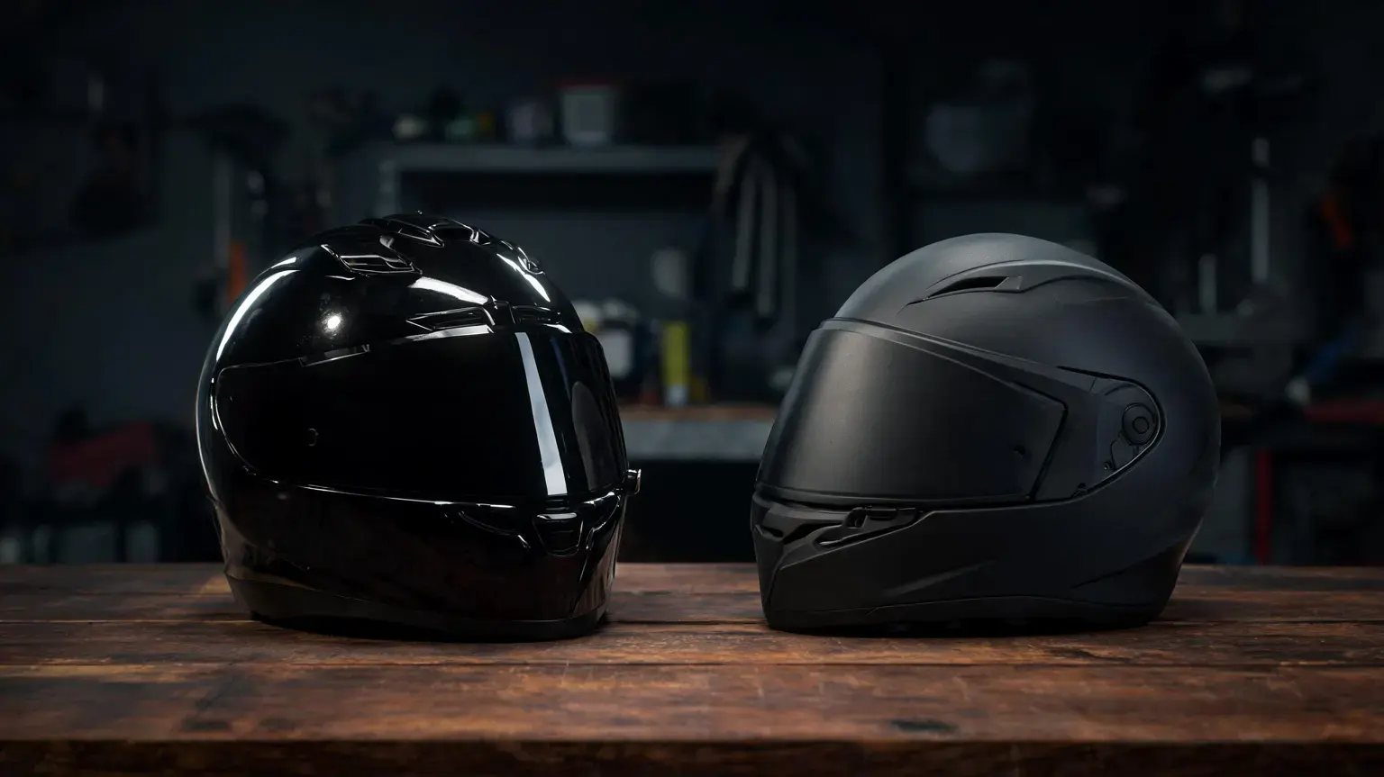 Best motorcycle helmets 2026 - full face and modular helmets lineup on a garage bench