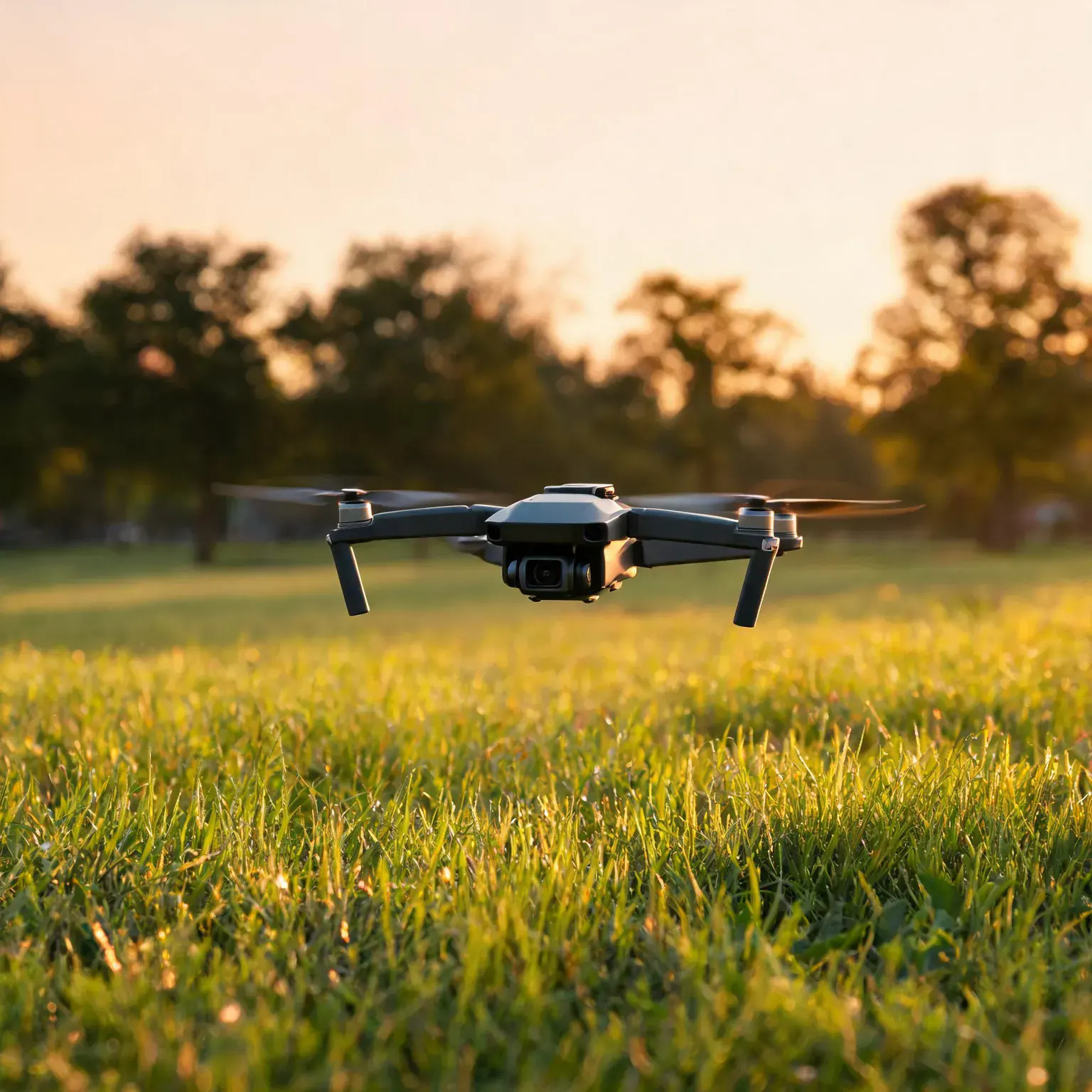 Best drones for beginners in 2026 - a compact camera drone hovering over a field at golden hour