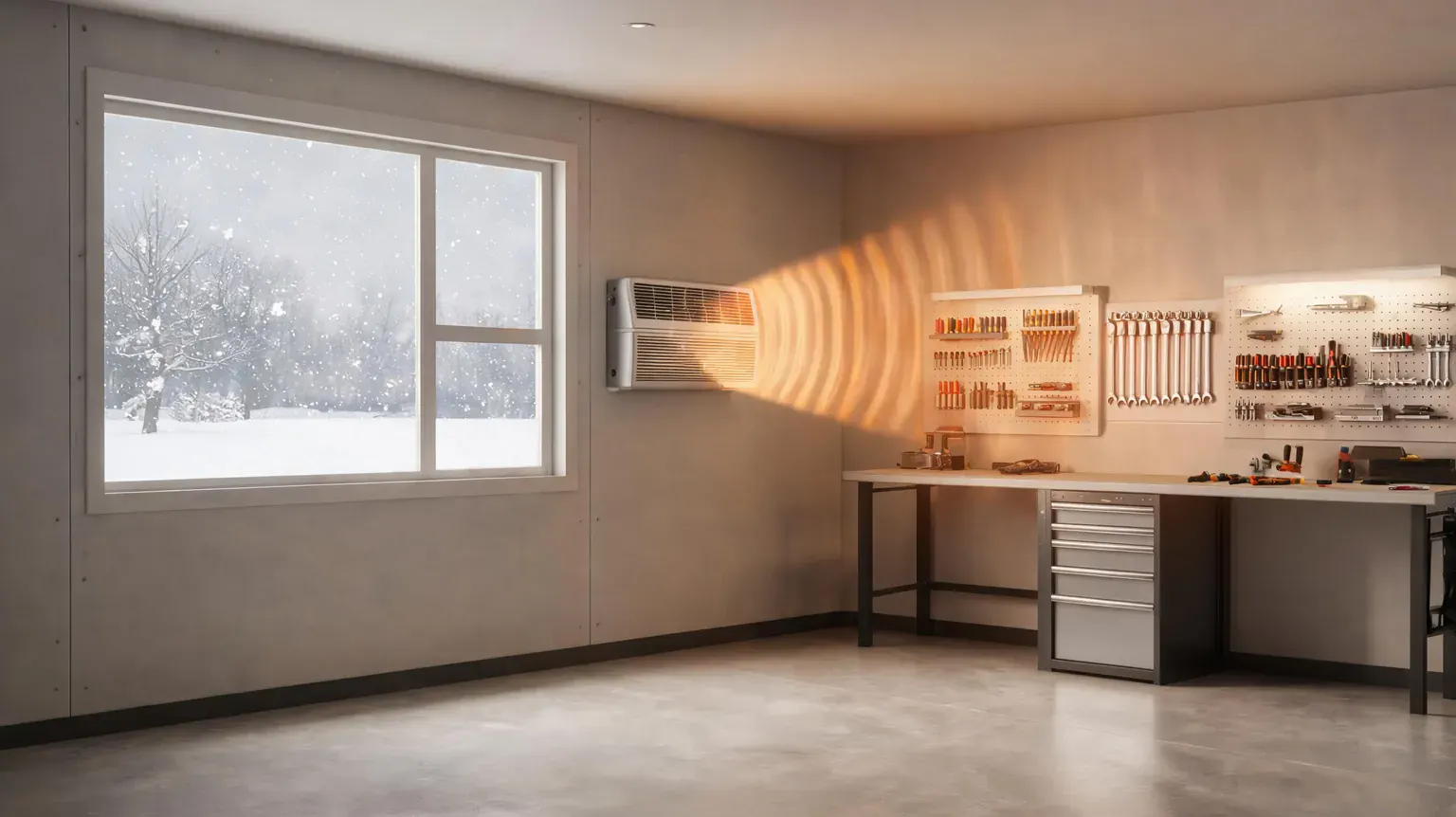 Best garage heaters 2026 - a wall-mounted electric heater glowing in a tidy workshop