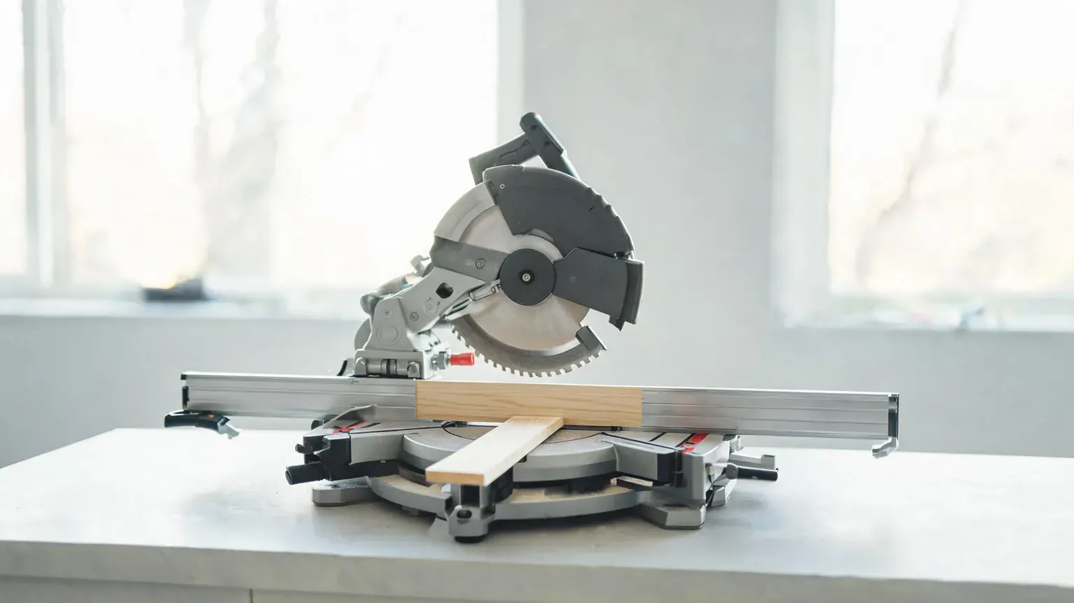Best miter saws 2026: a sliding compound miter saw set up on a workshop bench with pine trim