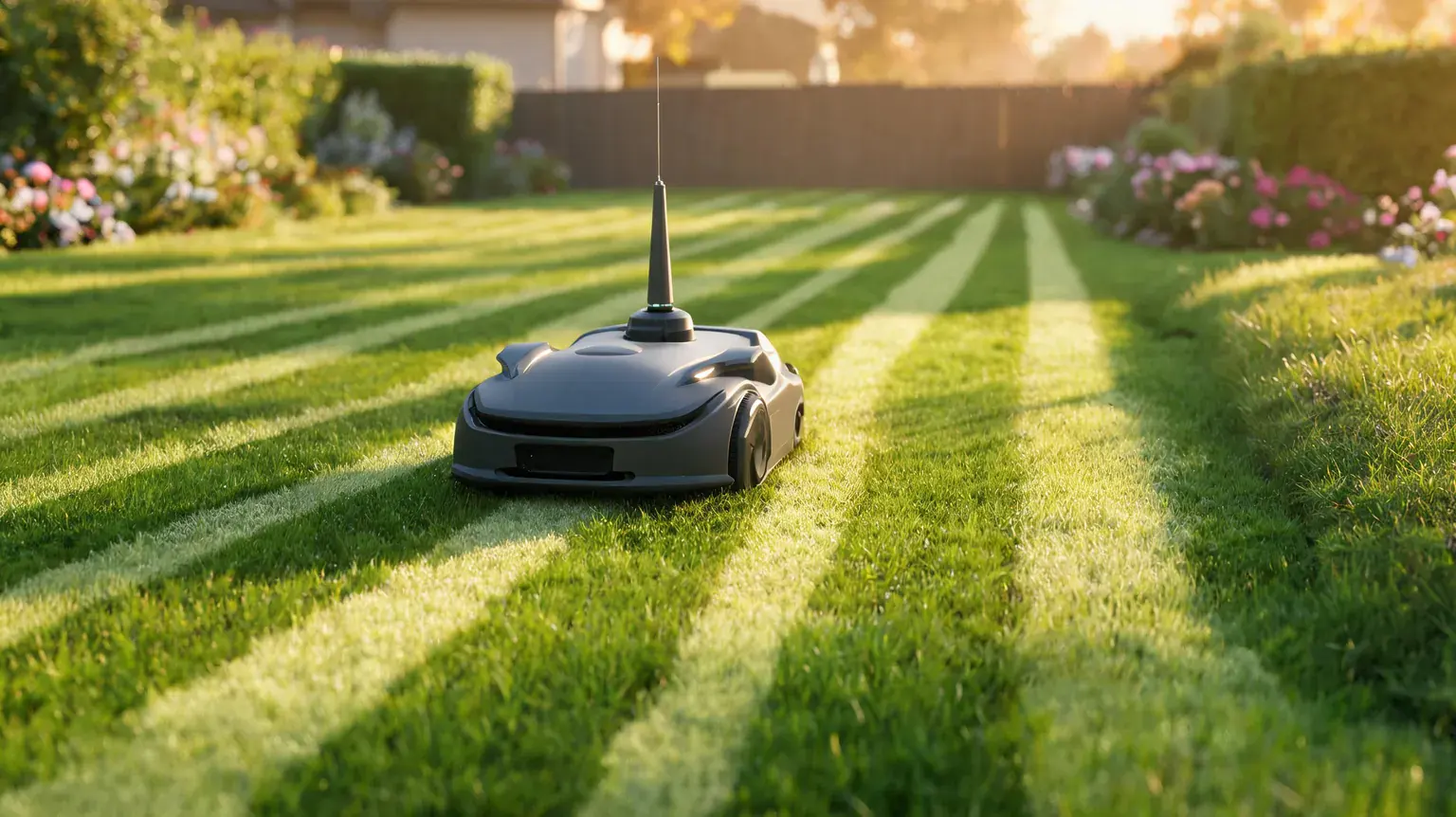 Best robot lawn mowers 2026 - robotic mower cutting a striped lawn at golden hour