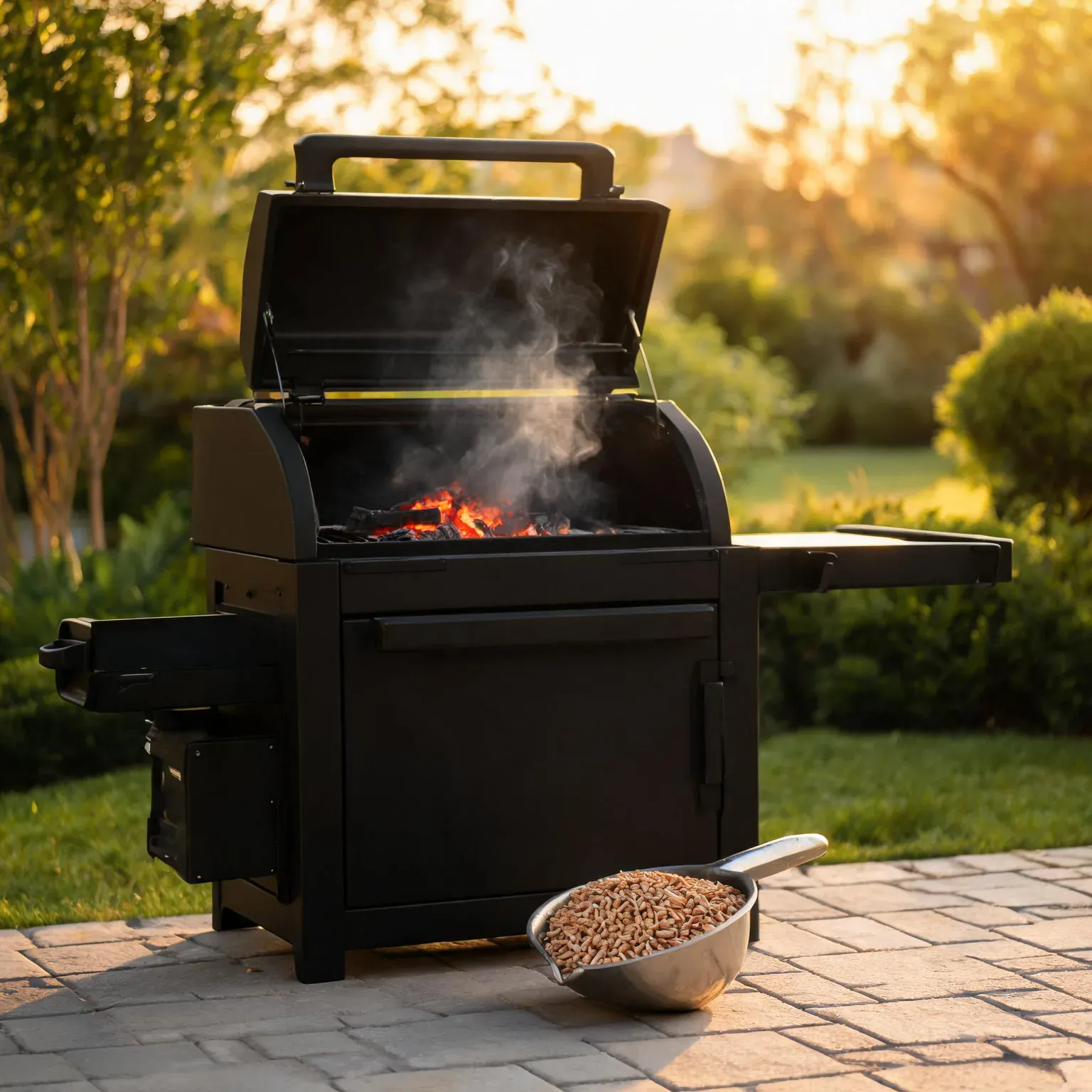 Best pellet grills of 2026: a black wood pellet smoker grill with open lid and smoke, pellets scoop on a backyard patio at golden hour