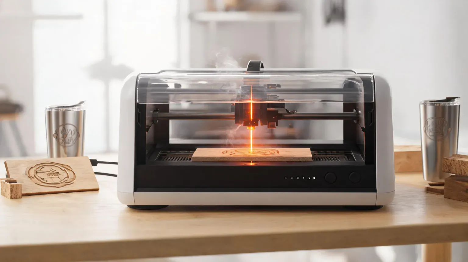 Best laser engravers of 2026: an enclosed desktop laser engraver cutting a wooden sign in a home workshop