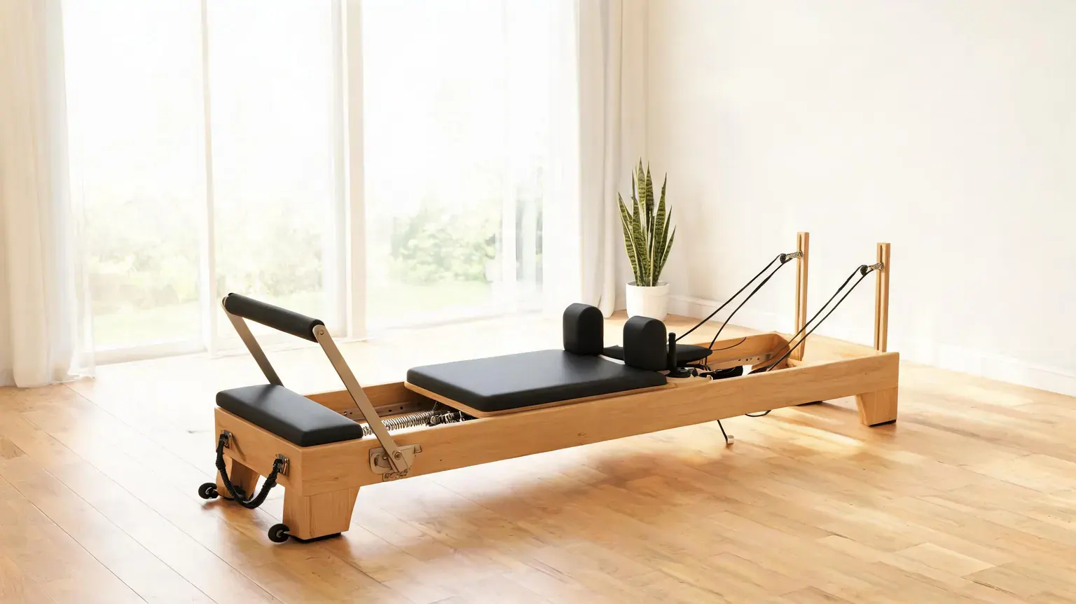 Best pilates reformer machines for home gym 2026 - wooden foldable reformer with sliding carriage in a bright home gym