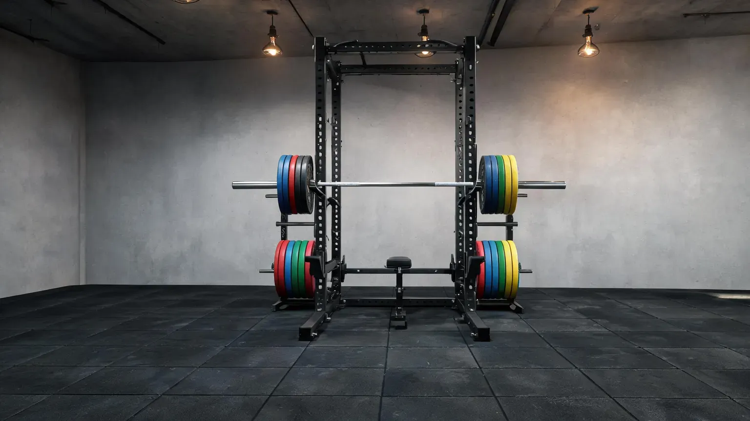 Best power racks for home gym 2026 - black steel power cage squat rack with barbell and plates in a modern garage gym